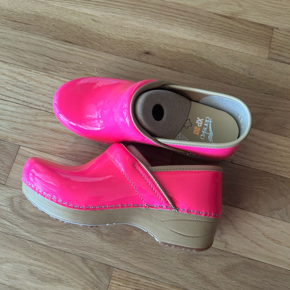Dansko Hot Pink and Tan Clogs